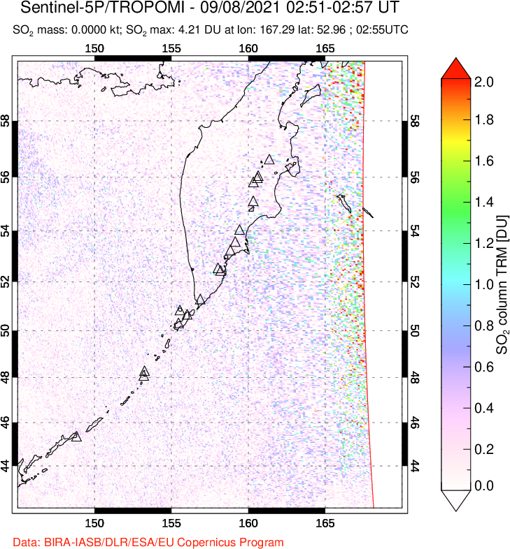A sulfur dioxide image over Kamchatka, Russian Federation on Sep 08, 2021.