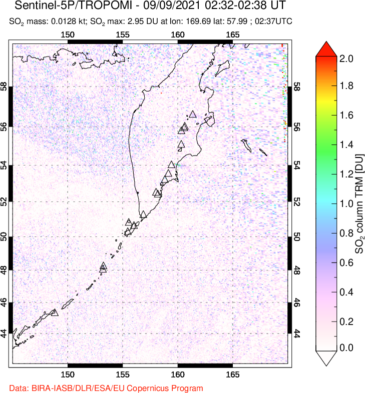 A sulfur dioxide image over Kamchatka, Russian Federation on Sep 09, 2021.