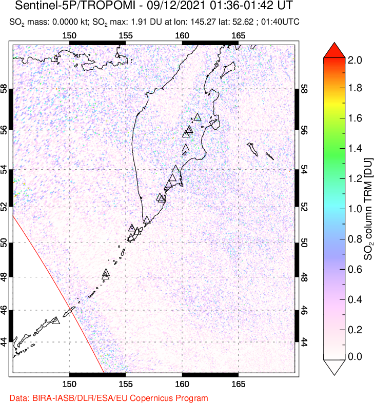 A sulfur dioxide image over Kamchatka, Russian Federation on Sep 12, 2021.