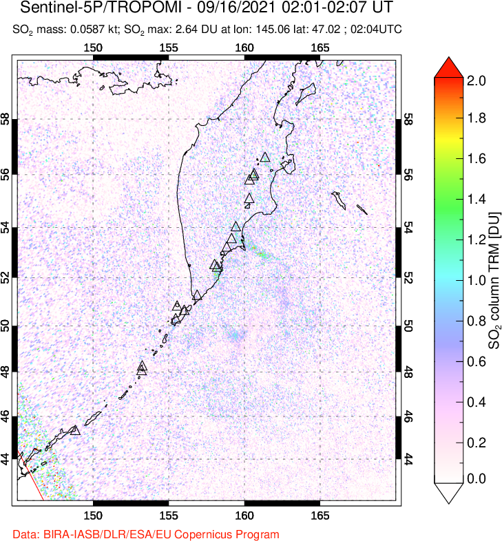 A sulfur dioxide image over Kamchatka, Russian Federation on Sep 16, 2021.