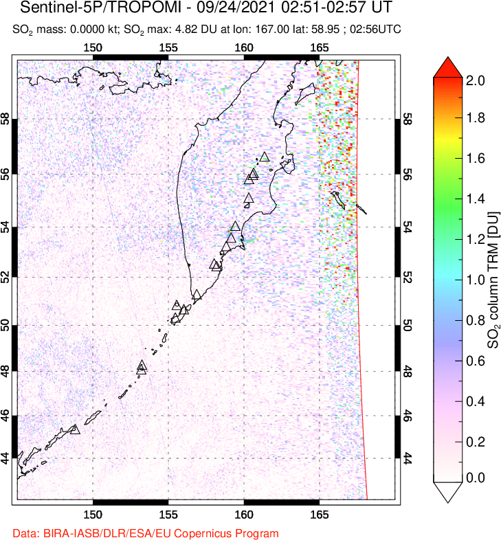 A sulfur dioxide image over Kamchatka, Russian Federation on Sep 24, 2021.