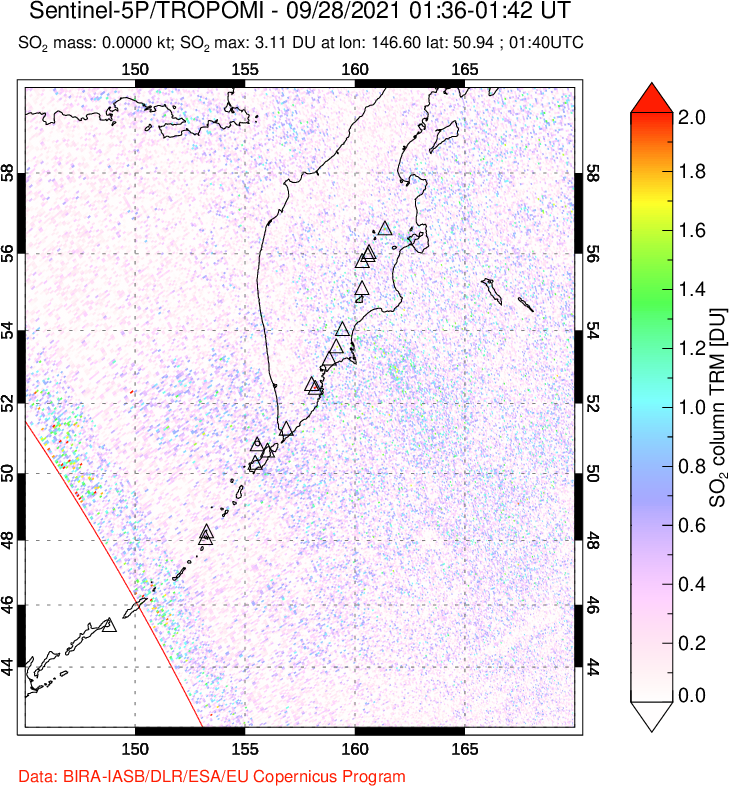A sulfur dioxide image over Kamchatka, Russian Federation on Sep 28, 2021.