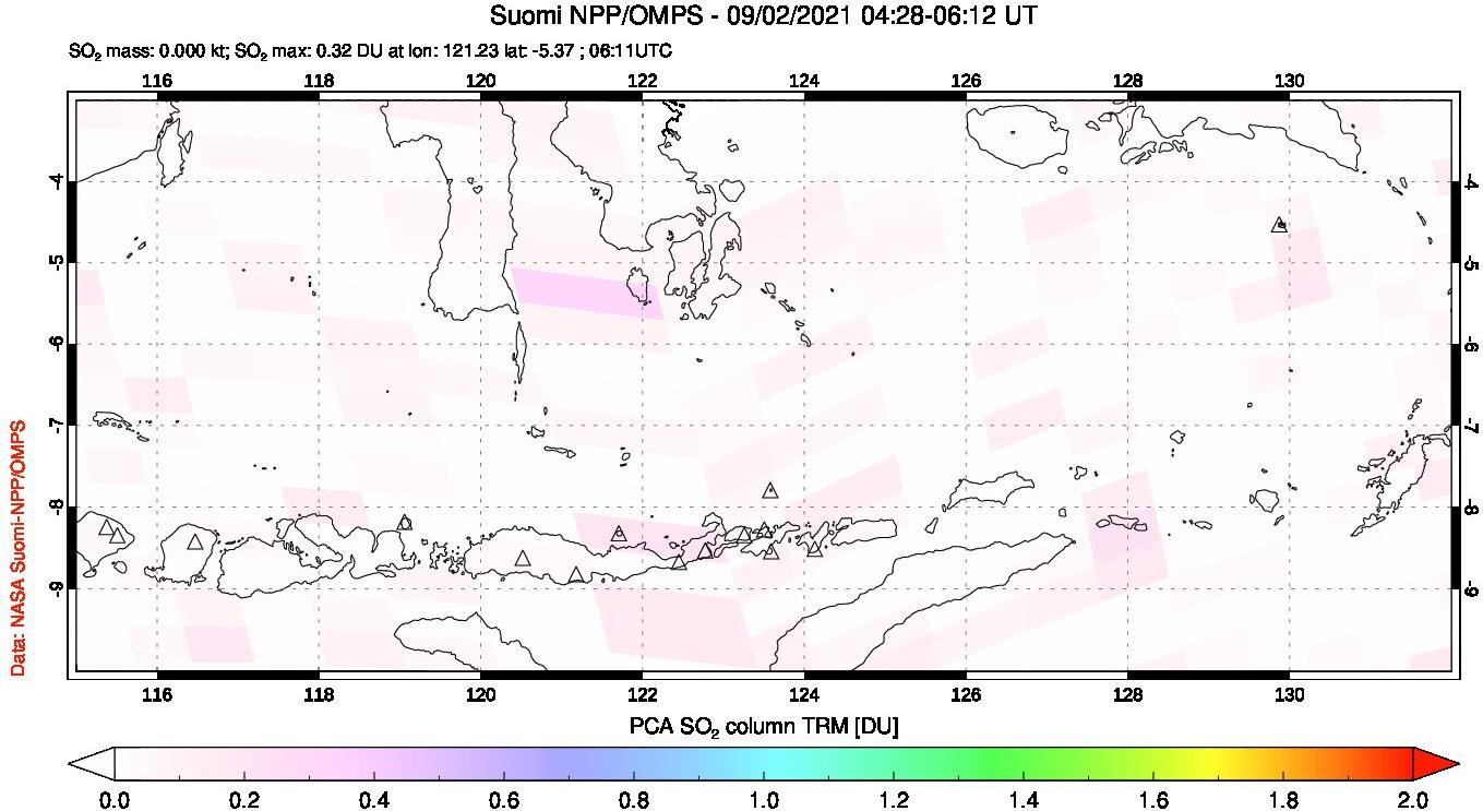 A sulfur dioxide image over Lesser Sunda Islands, Indonesia on Sep 02, 2021.