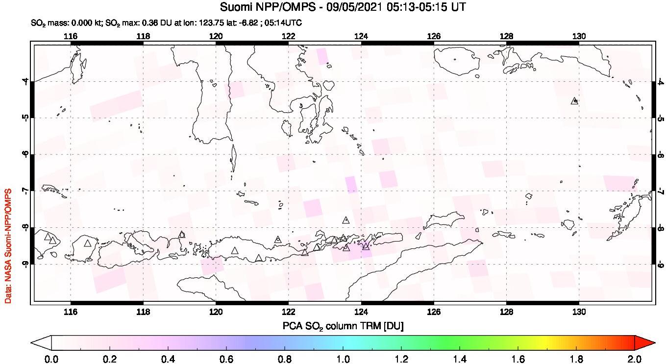 A sulfur dioxide image over Lesser Sunda Islands, Indonesia on Sep 05, 2021.