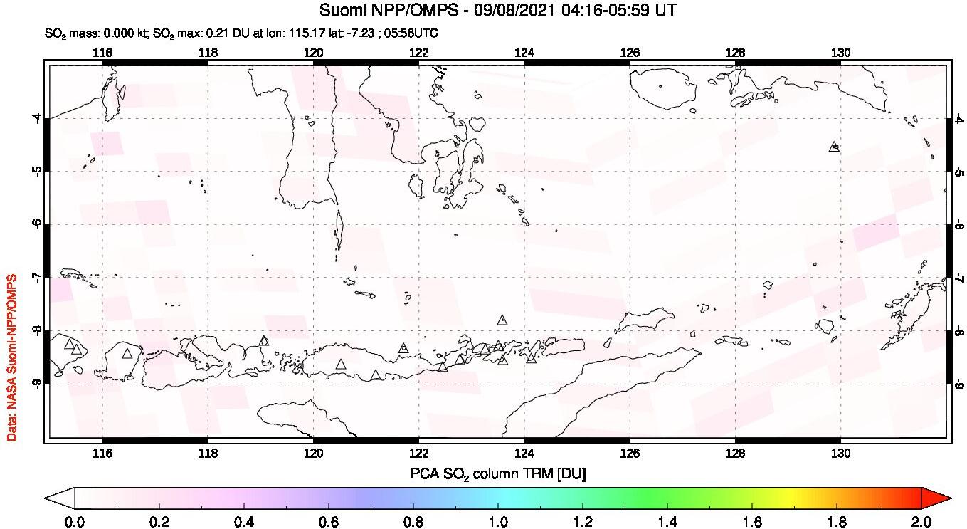 A sulfur dioxide image over Lesser Sunda Islands, Indonesia on Sep 08, 2021.