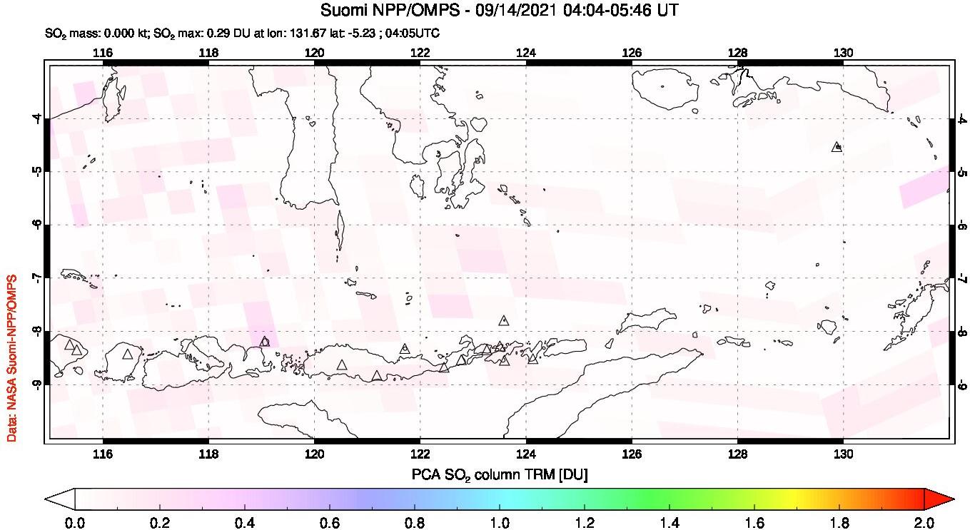A sulfur dioxide image over Lesser Sunda Islands, Indonesia on Sep 14, 2021.