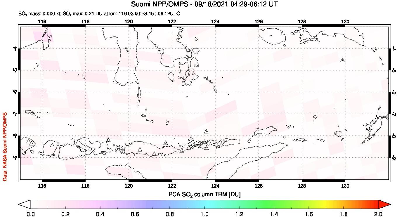 A sulfur dioxide image over Lesser Sunda Islands, Indonesia on Sep 18, 2021.