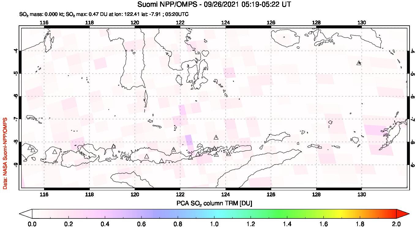 A sulfur dioxide image over Lesser Sunda Islands, Indonesia on Sep 26, 2021.