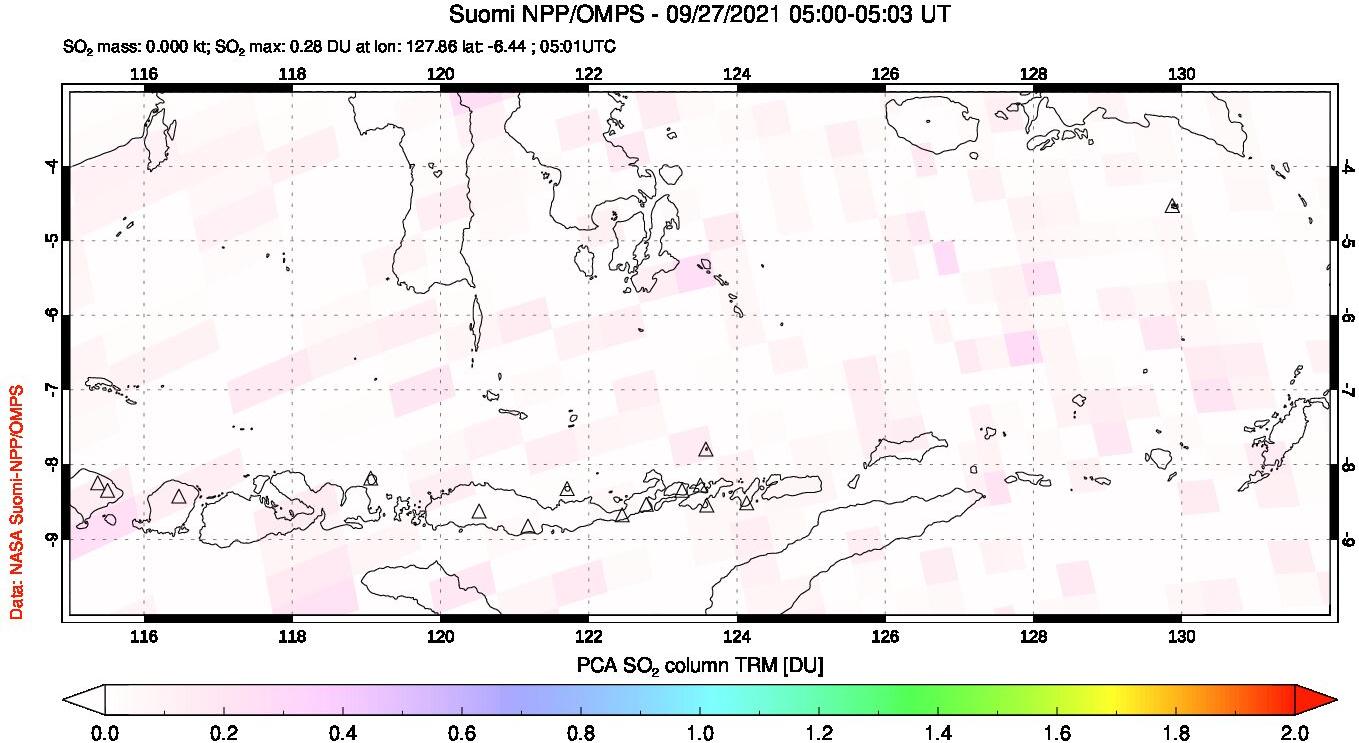 A sulfur dioxide image over Lesser Sunda Islands, Indonesia on Sep 27, 2021.