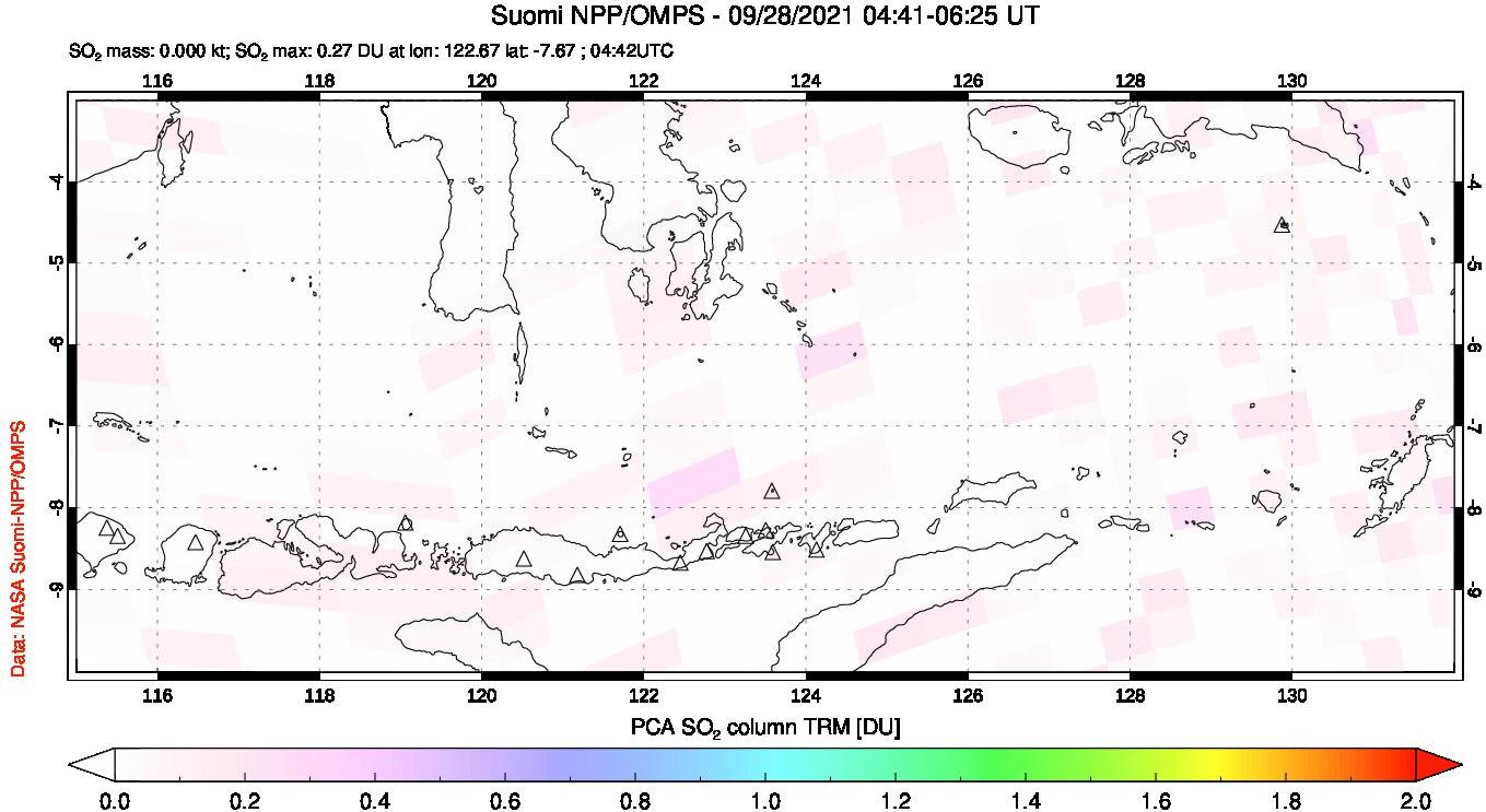 A sulfur dioxide image over Lesser Sunda Islands, Indonesia on Sep 28, 2021.