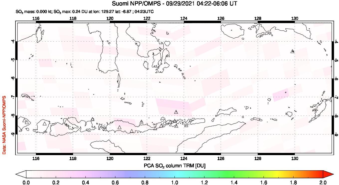 A sulfur dioxide image over Lesser Sunda Islands, Indonesia on Sep 29, 2021.