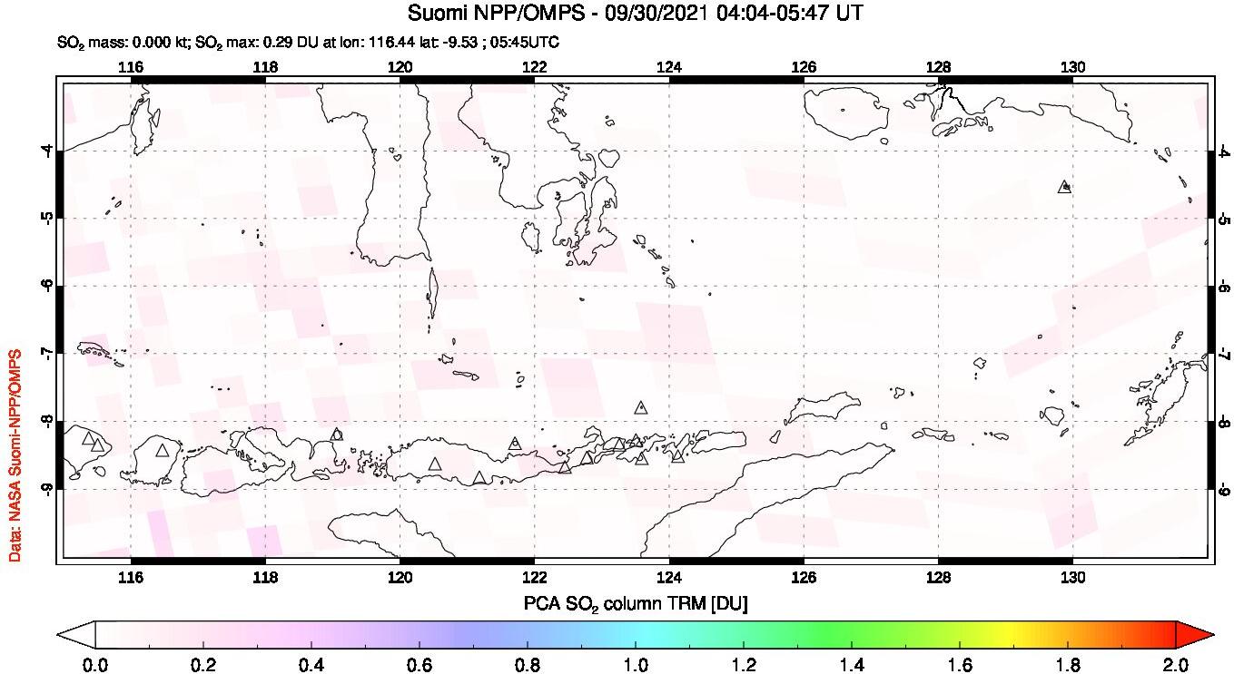 A sulfur dioxide image over Lesser Sunda Islands, Indonesia on Sep 30, 2021.