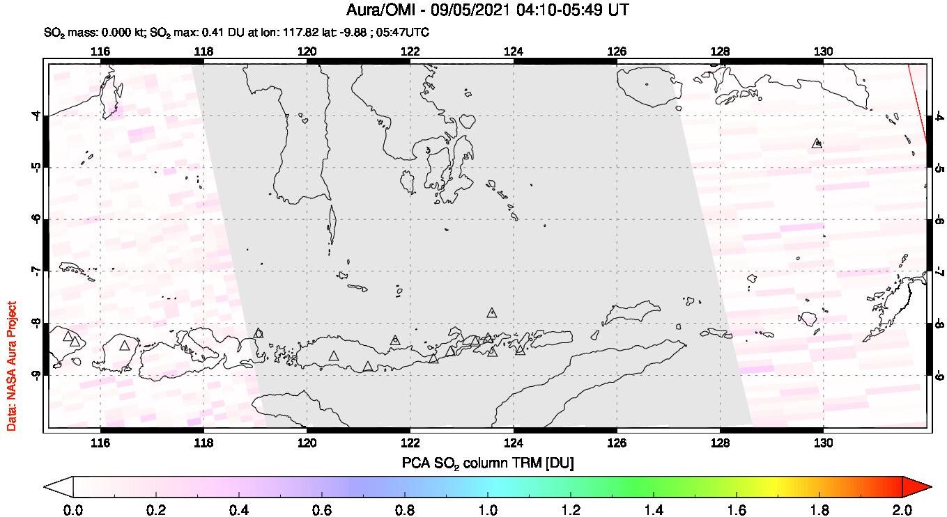 A sulfur dioxide image over Lesser Sunda Islands, Indonesia on Sep 05, 2021.