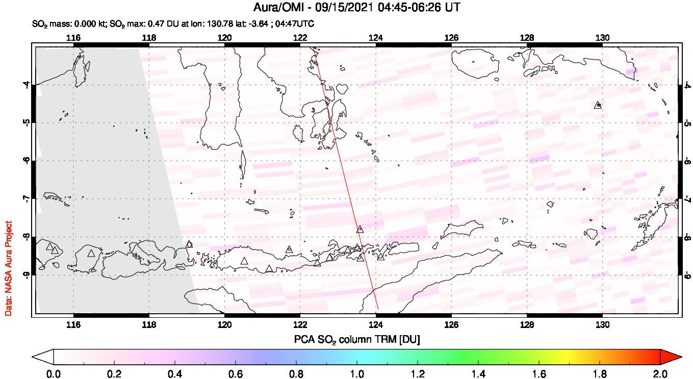 A sulfur dioxide image over Lesser Sunda Islands, Indonesia on Sep 15, 2021.