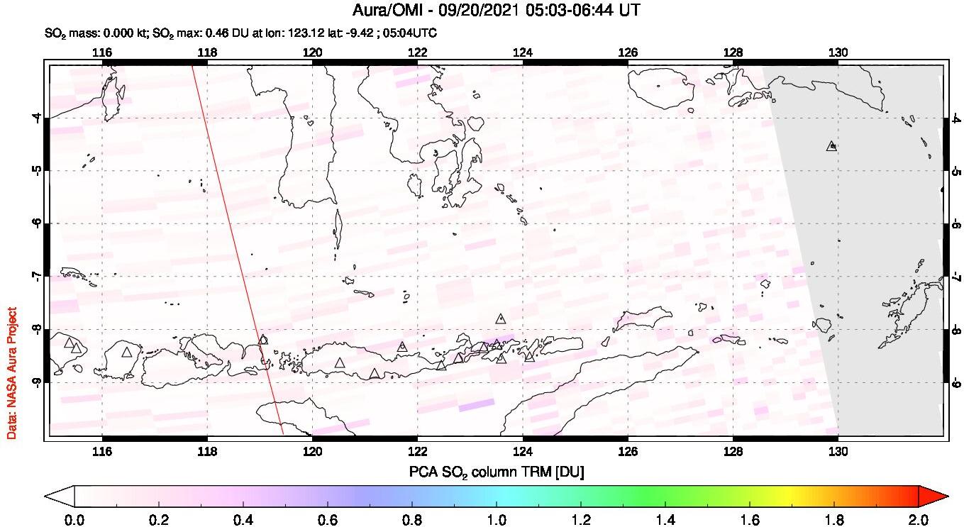 A sulfur dioxide image over Lesser Sunda Islands, Indonesia on Sep 20, 2021.