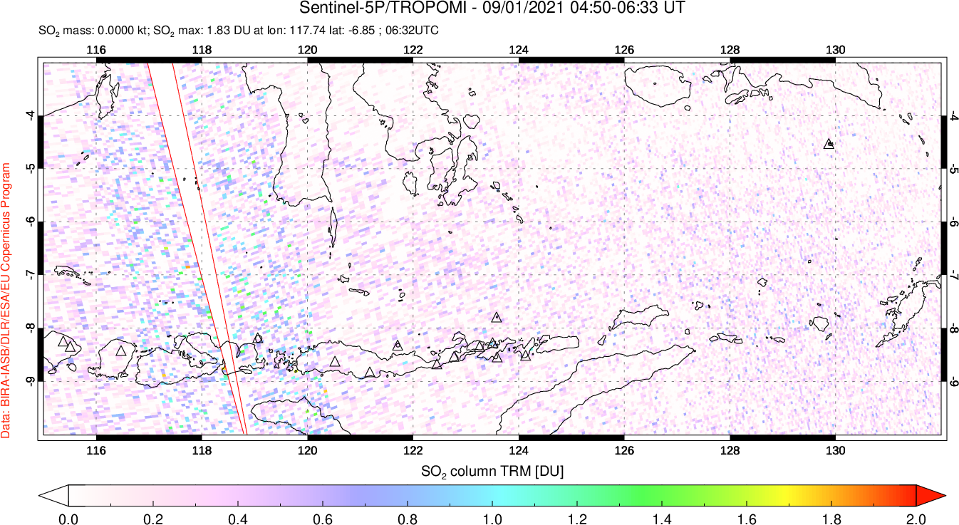 A sulfur dioxide image over Lesser Sunda Islands, Indonesia on Sep 01, 2021.