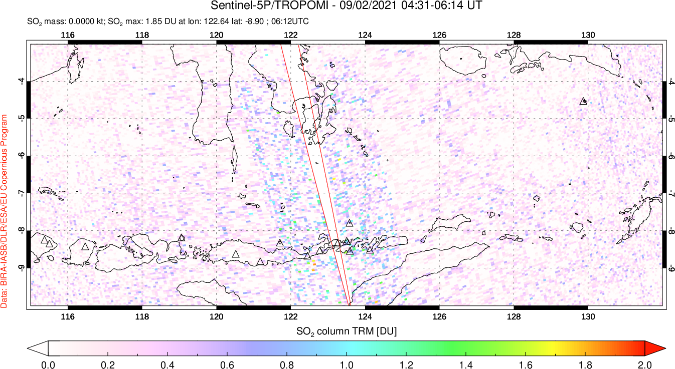 A sulfur dioxide image over Lesser Sunda Islands, Indonesia on Sep 02, 2021.