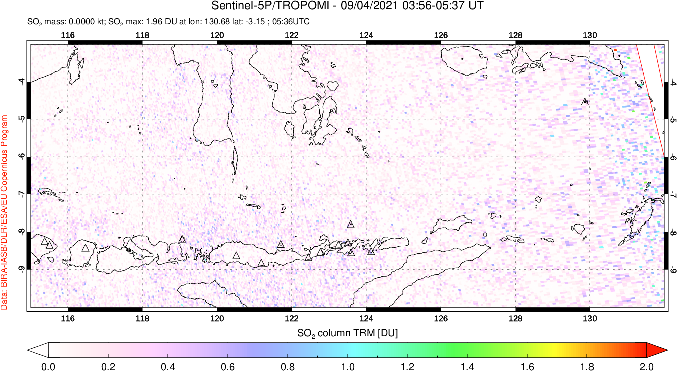 A sulfur dioxide image over Lesser Sunda Islands, Indonesia on Sep 04, 2021.