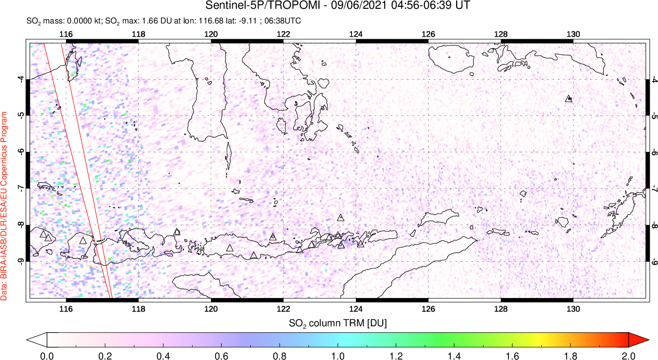 A sulfur dioxide image over Lesser Sunda Islands, Indonesia on Sep 06, 2021.