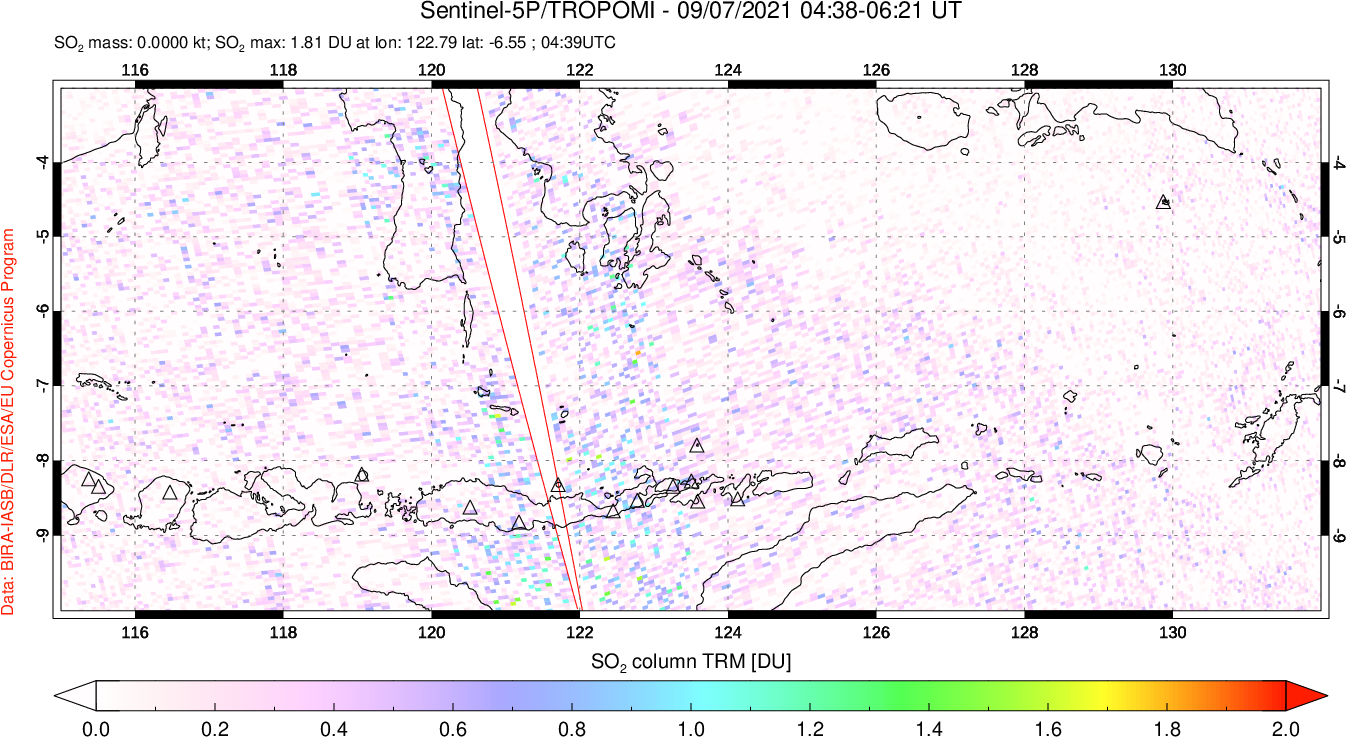 A sulfur dioxide image over Lesser Sunda Islands, Indonesia on Sep 07, 2021.
