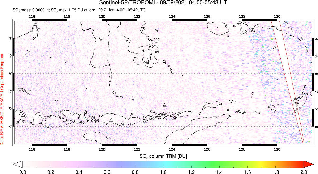 A sulfur dioxide image over Lesser Sunda Islands, Indonesia on Sep 09, 2021.