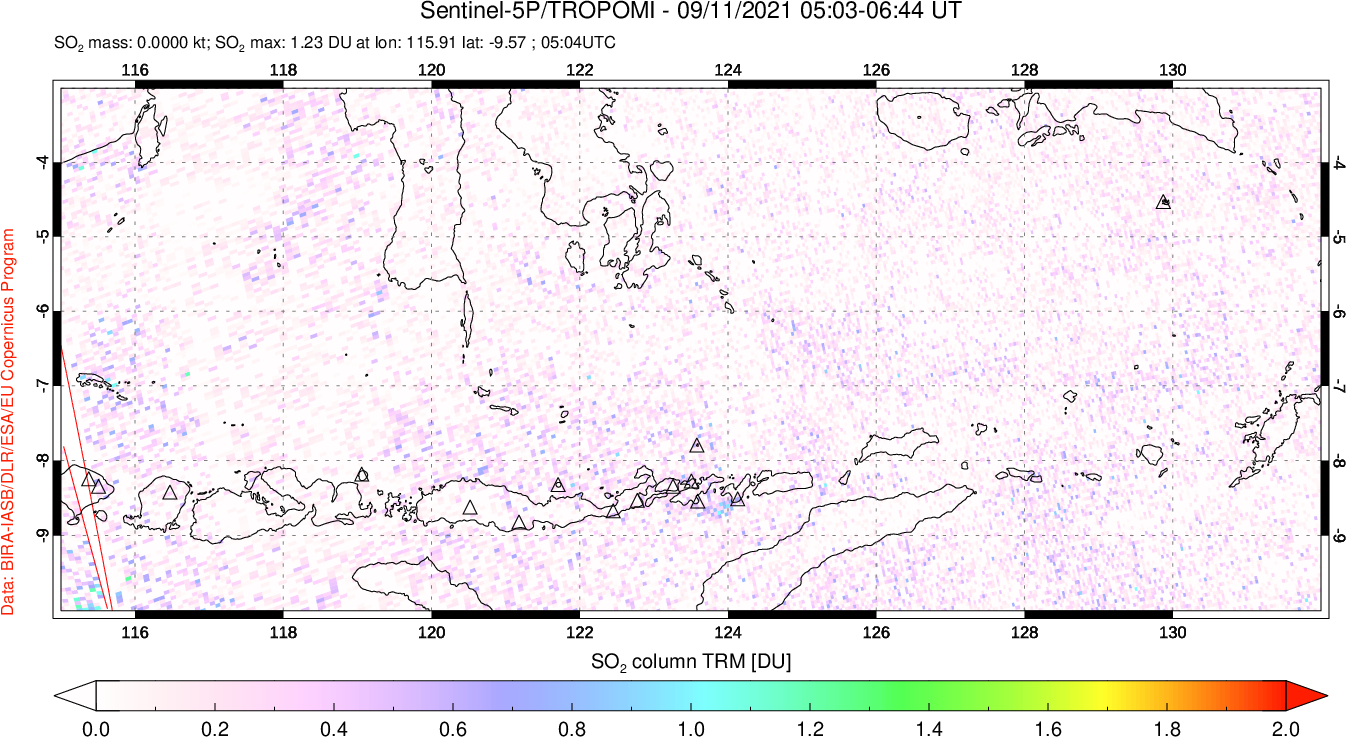 A sulfur dioxide image over Lesser Sunda Islands, Indonesia on Sep 11, 2021.