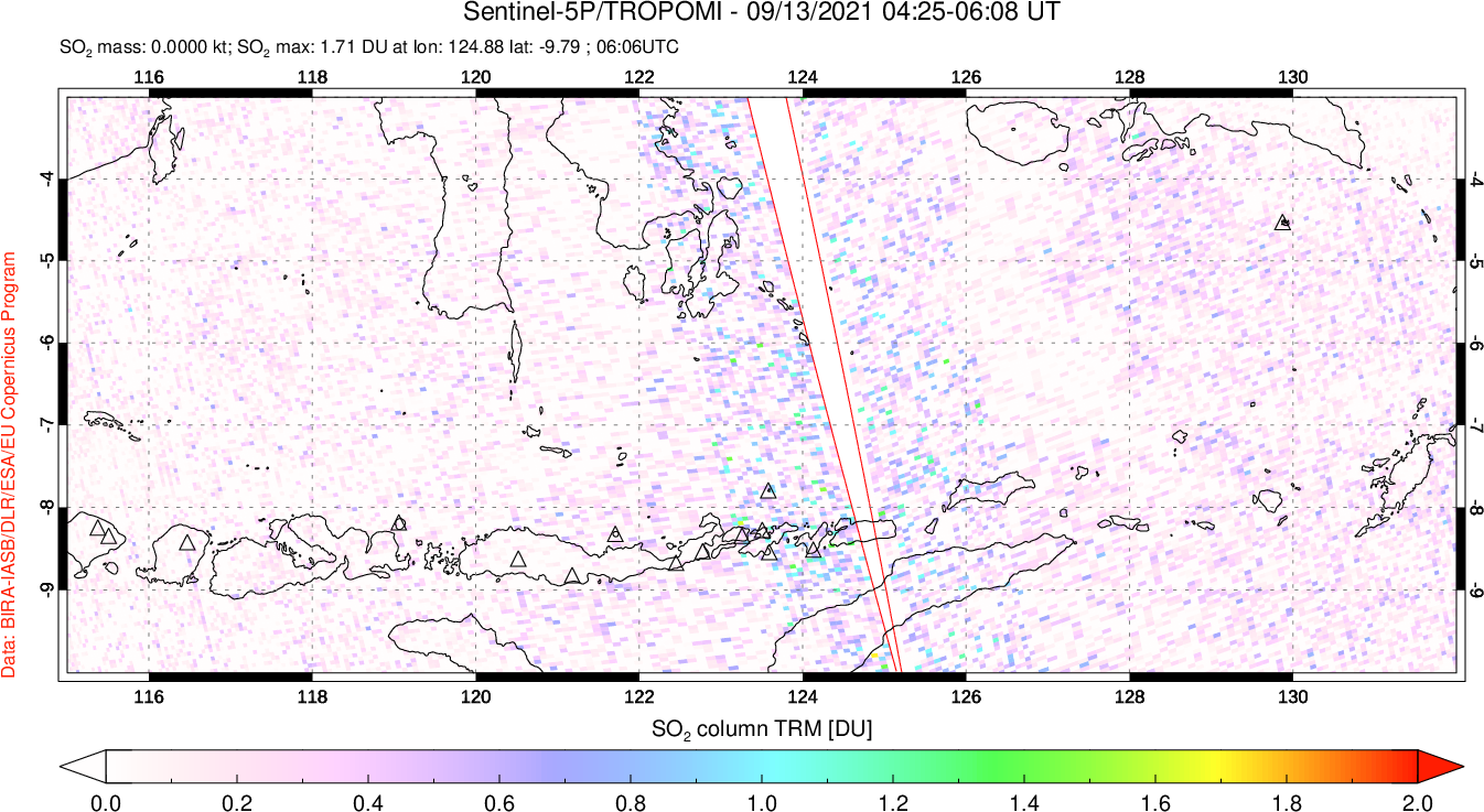 A sulfur dioxide image over Lesser Sunda Islands, Indonesia on Sep 13, 2021.