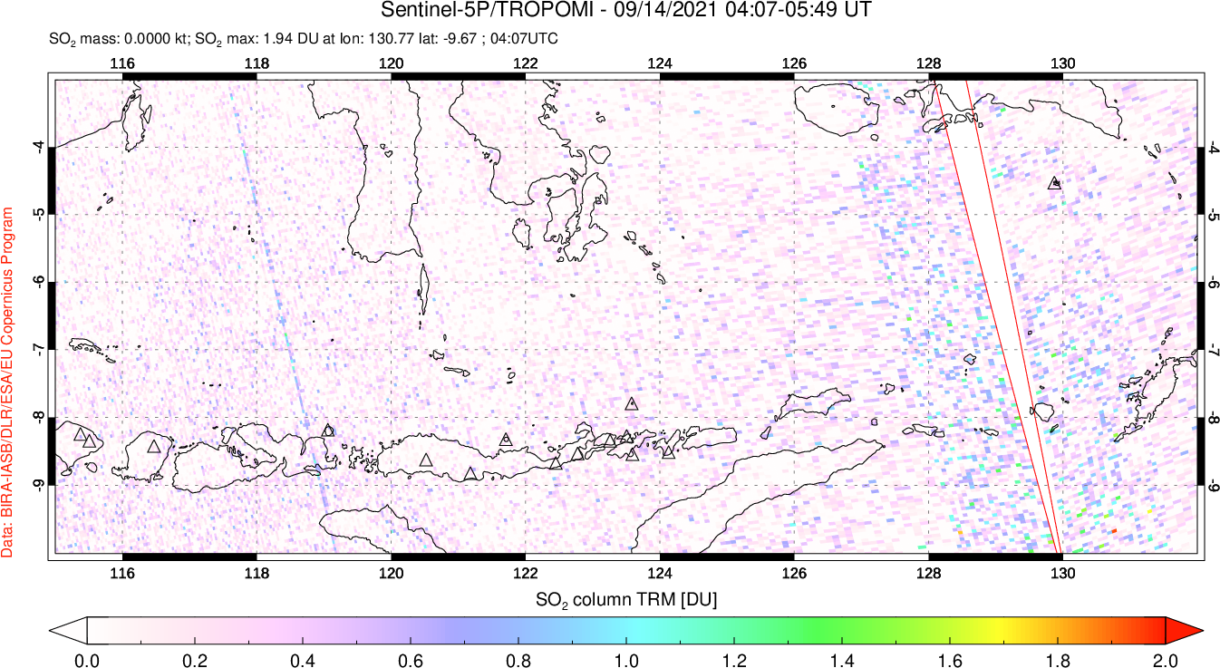 A sulfur dioxide image over Lesser Sunda Islands, Indonesia on Sep 14, 2021.