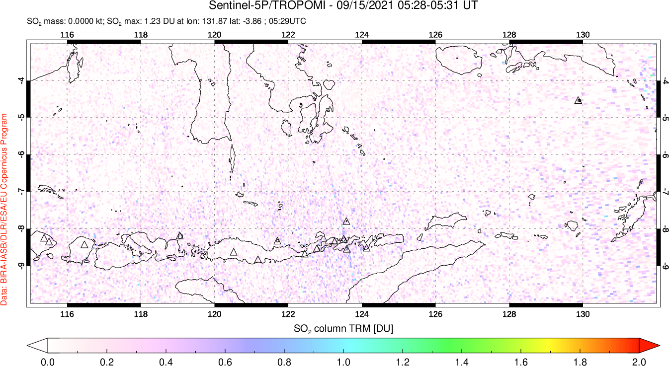 A sulfur dioxide image over Lesser Sunda Islands, Indonesia on Sep 15, 2021.