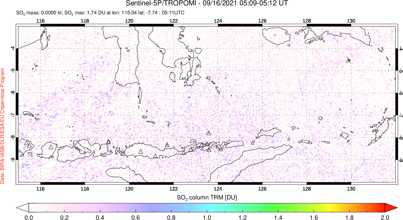 A sulfur dioxide image over Lesser Sunda Islands, Indonesia on Sep 16, 2021.