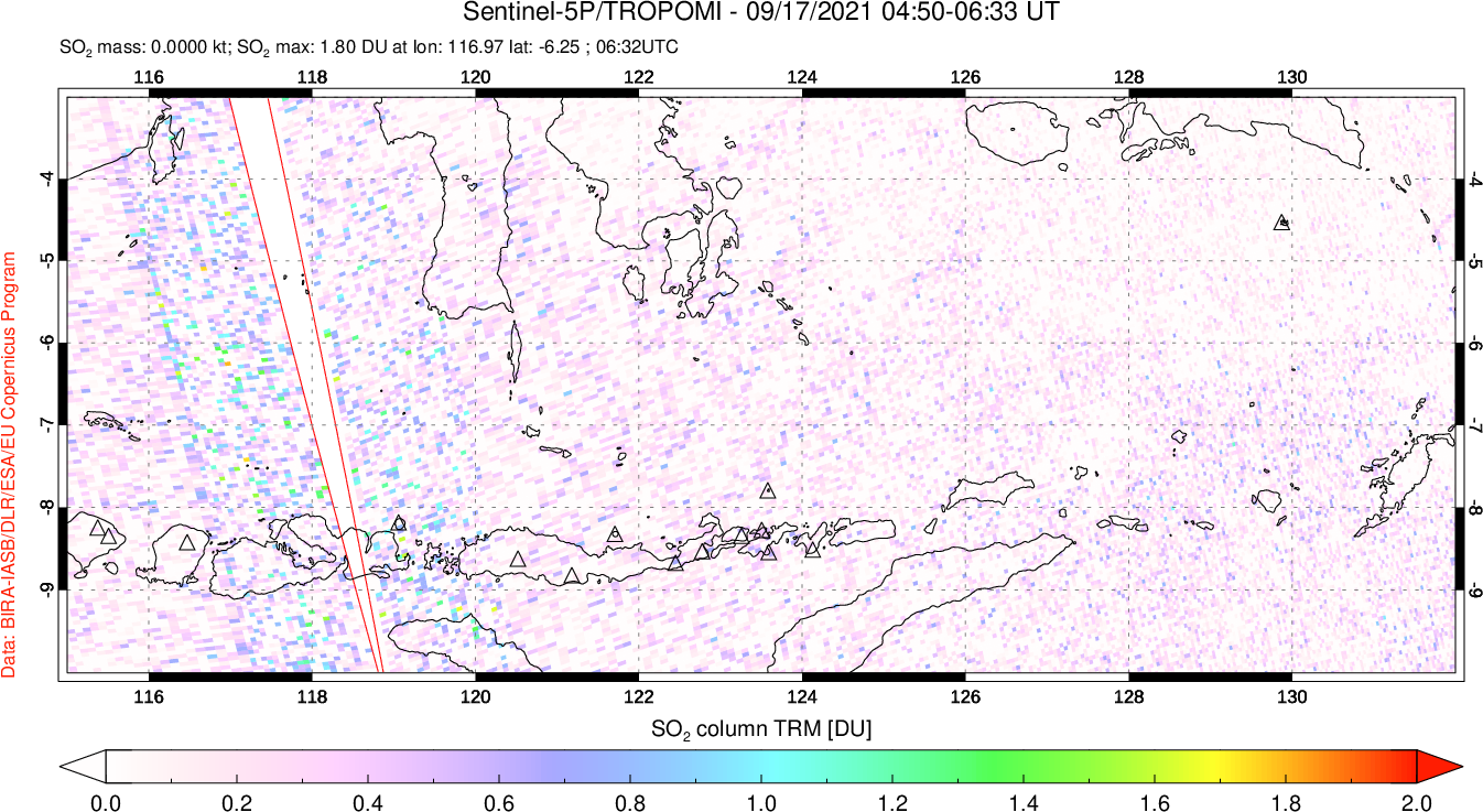 A sulfur dioxide image over Lesser Sunda Islands, Indonesia on Sep 17, 2021.