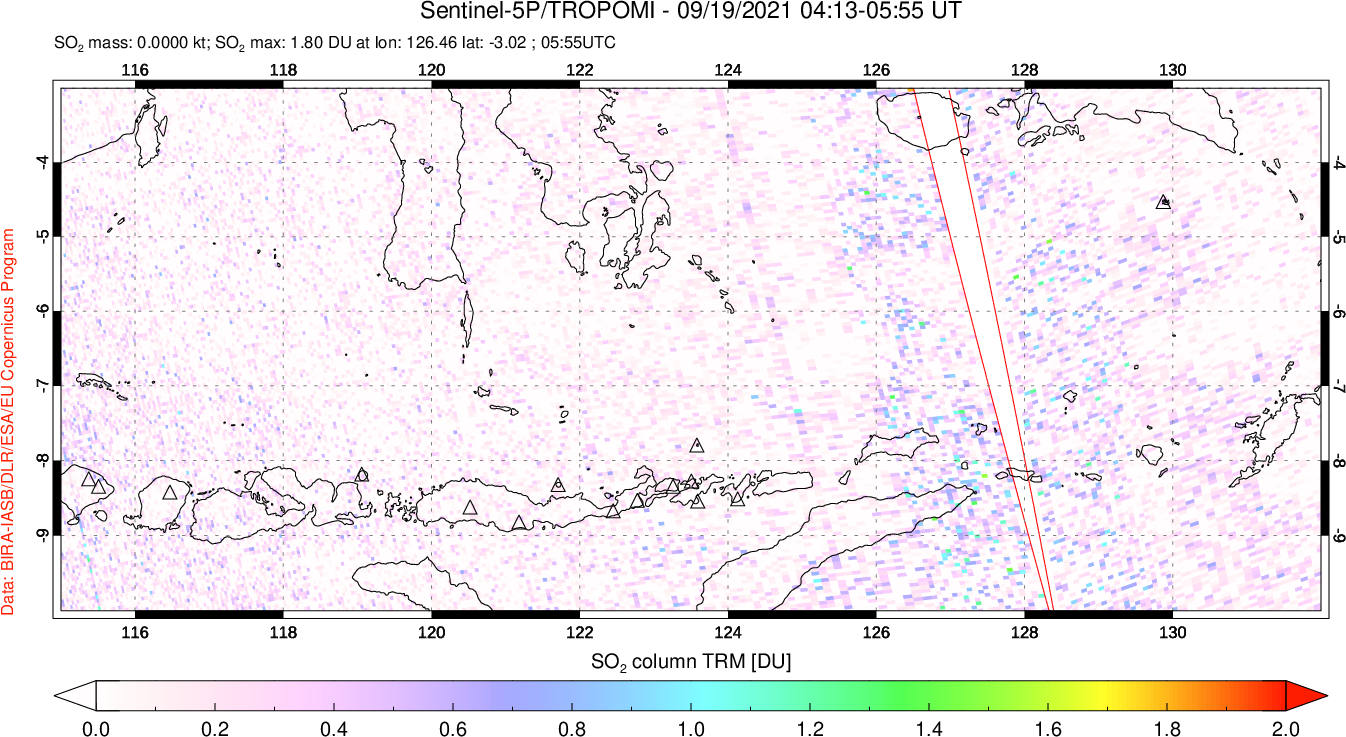 A sulfur dioxide image over Lesser Sunda Islands, Indonesia on Sep 19, 2021.