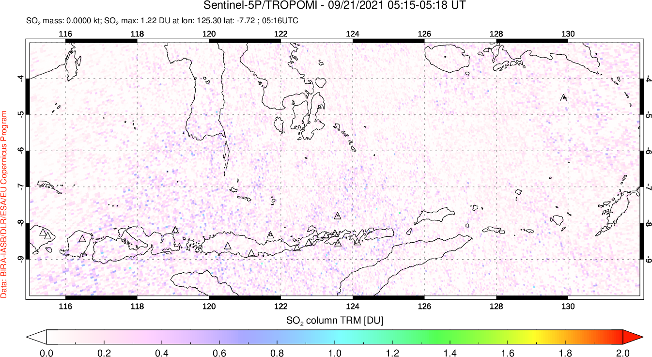 A sulfur dioxide image over Lesser Sunda Islands, Indonesia on Sep 21, 2021.