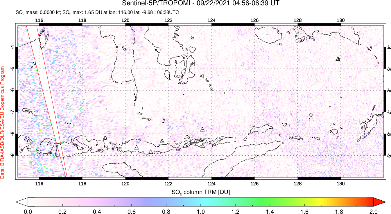 A sulfur dioxide image over Lesser Sunda Islands, Indonesia on Sep 22, 2021.