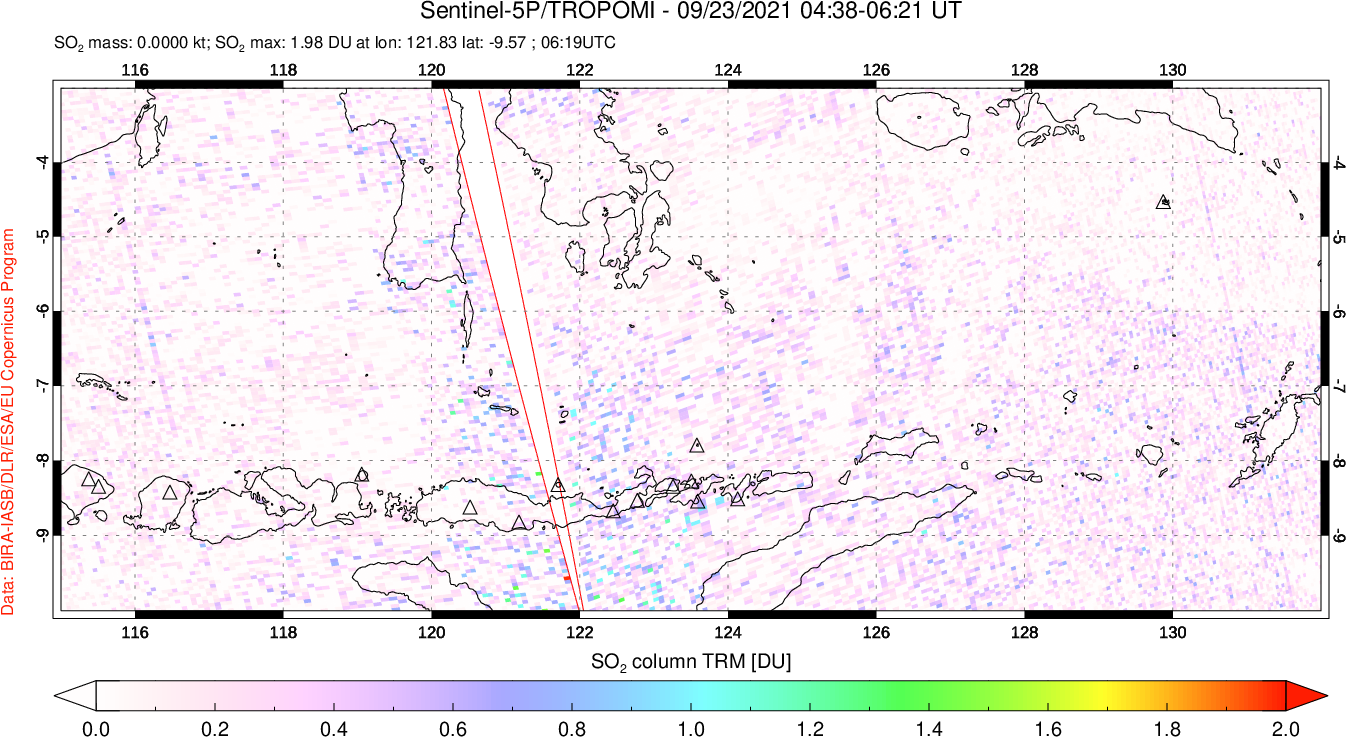 A sulfur dioxide image over Lesser Sunda Islands, Indonesia on Sep 23, 2021.