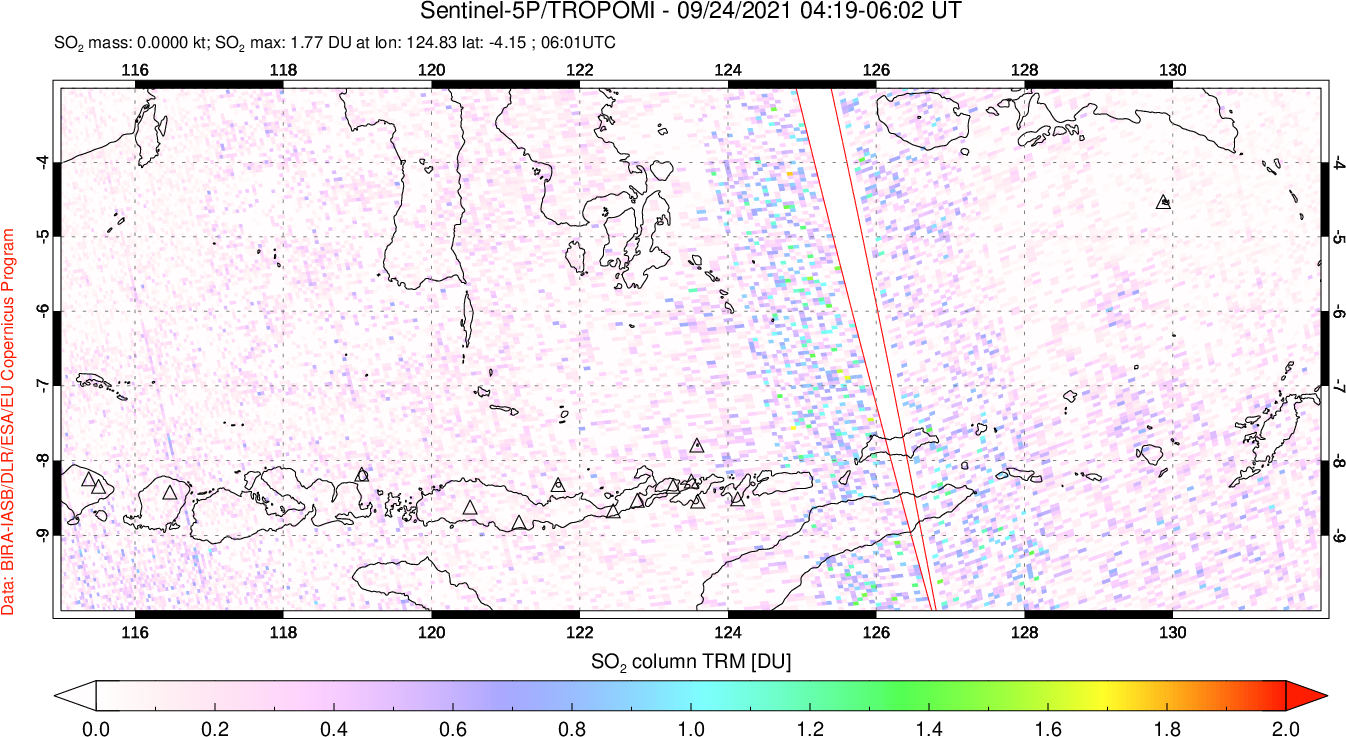 A sulfur dioxide image over Lesser Sunda Islands, Indonesia on Sep 24, 2021.