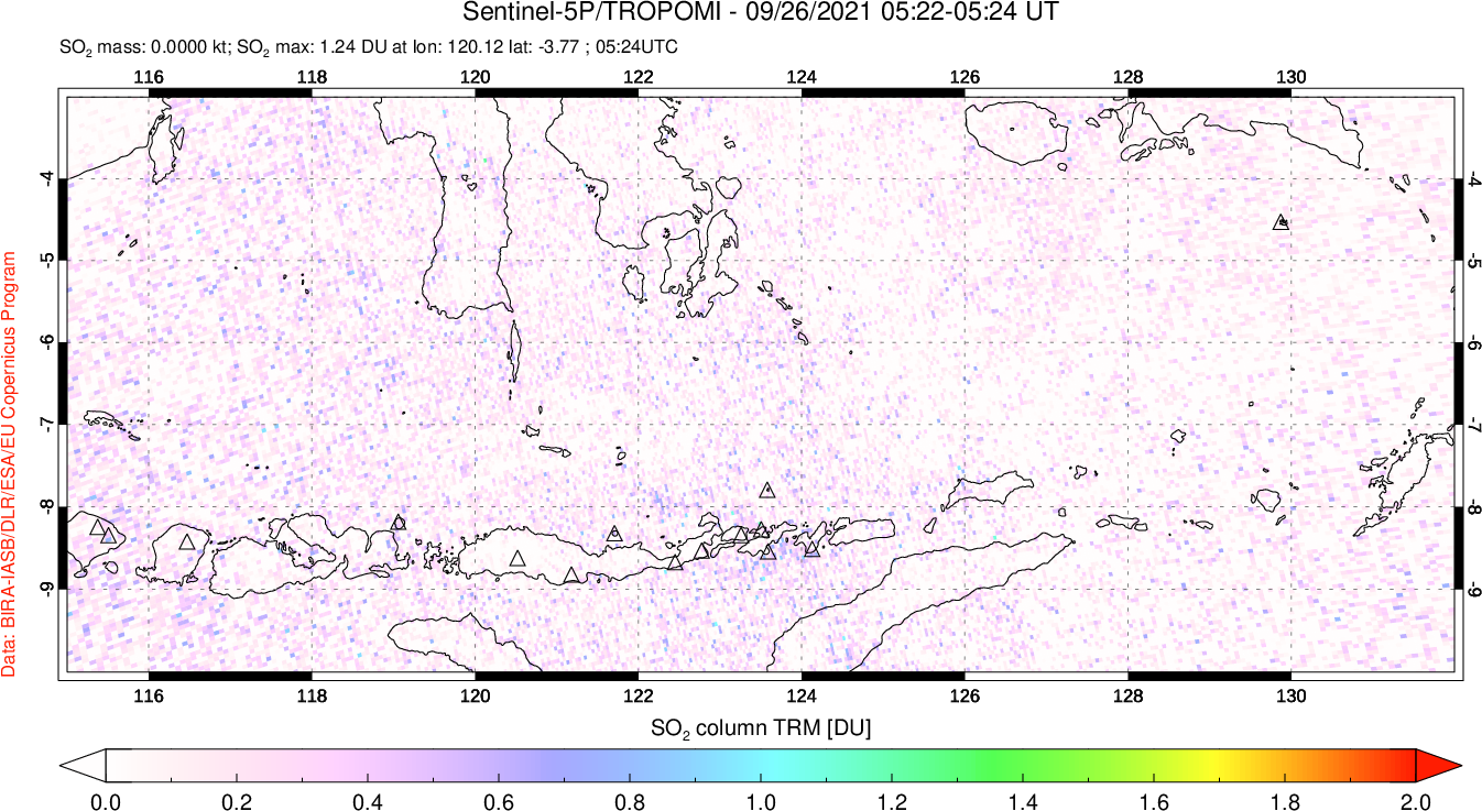 A sulfur dioxide image over Lesser Sunda Islands, Indonesia on Sep 26, 2021.