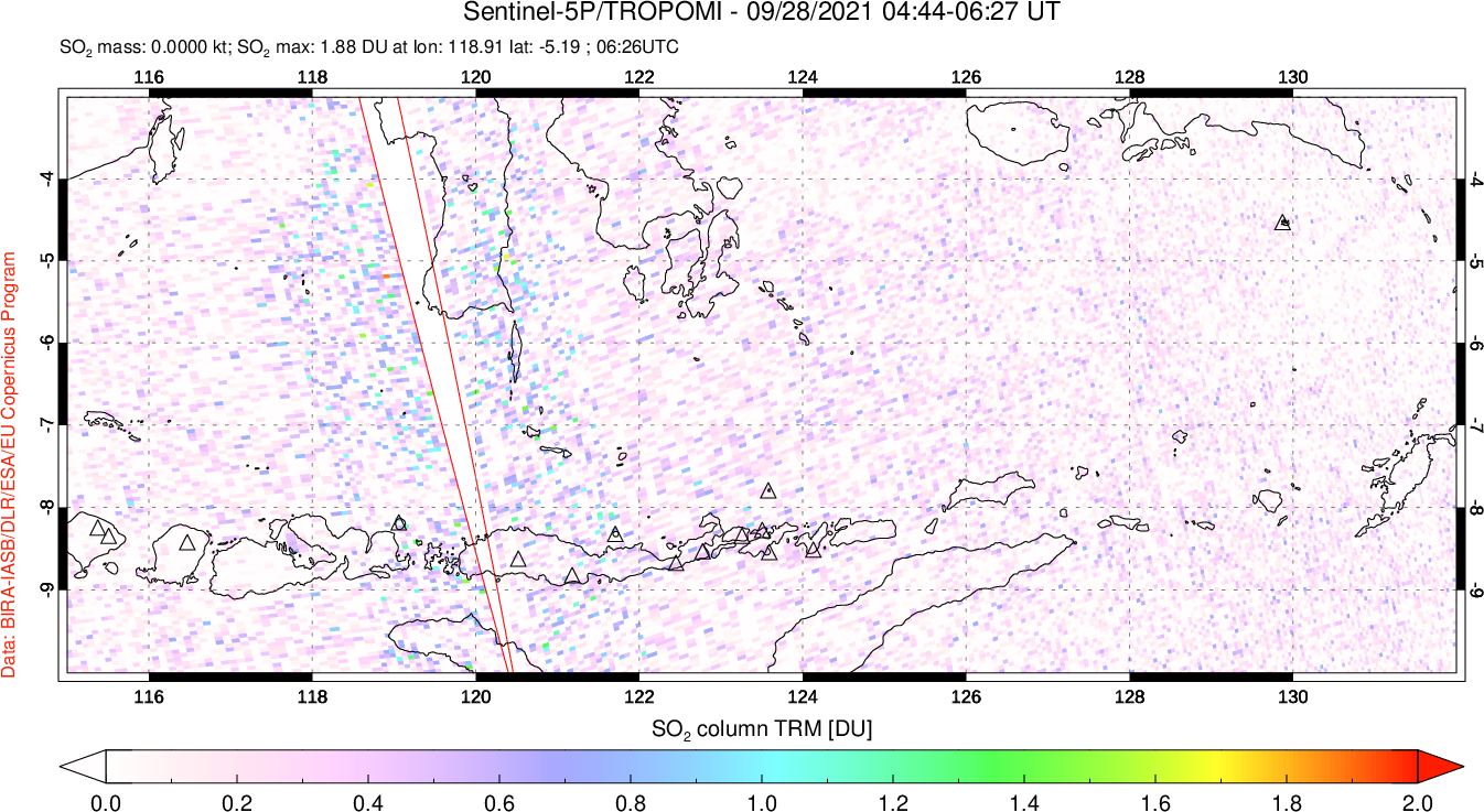 A sulfur dioxide image over Lesser Sunda Islands, Indonesia on Sep 28, 2021.