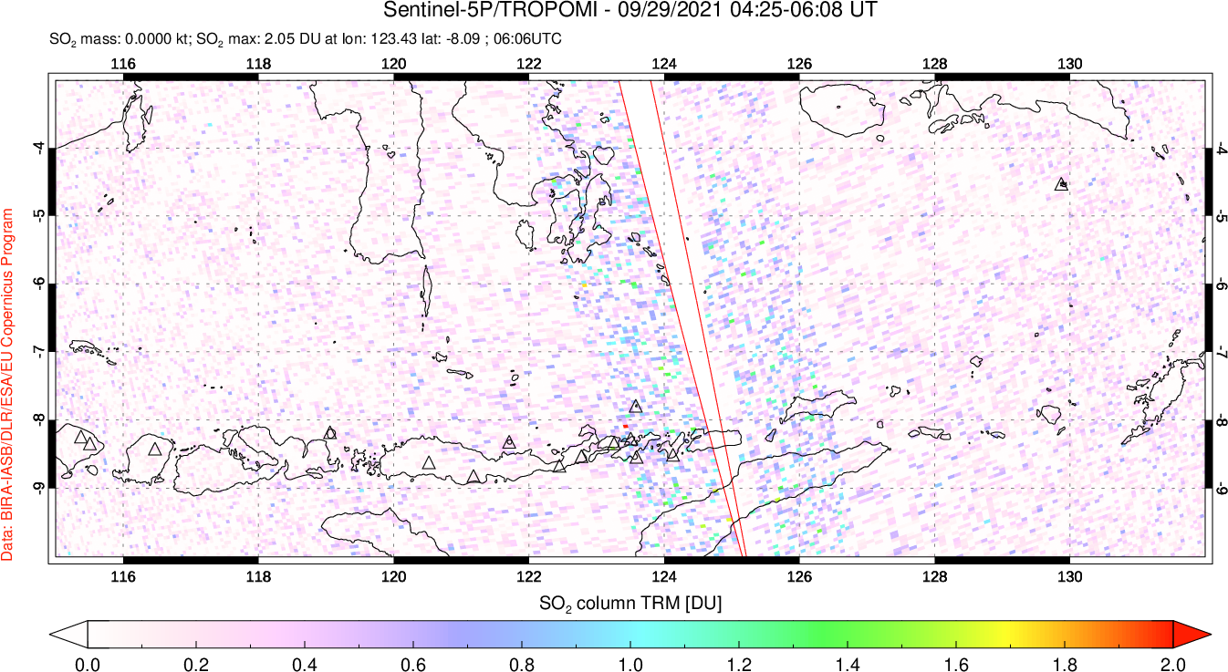 A sulfur dioxide image over Lesser Sunda Islands, Indonesia on Sep 29, 2021.