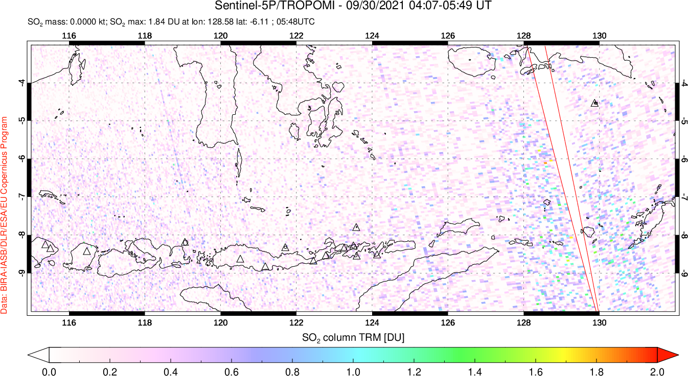 A sulfur dioxide image over Lesser Sunda Islands, Indonesia on Sep 30, 2021.
