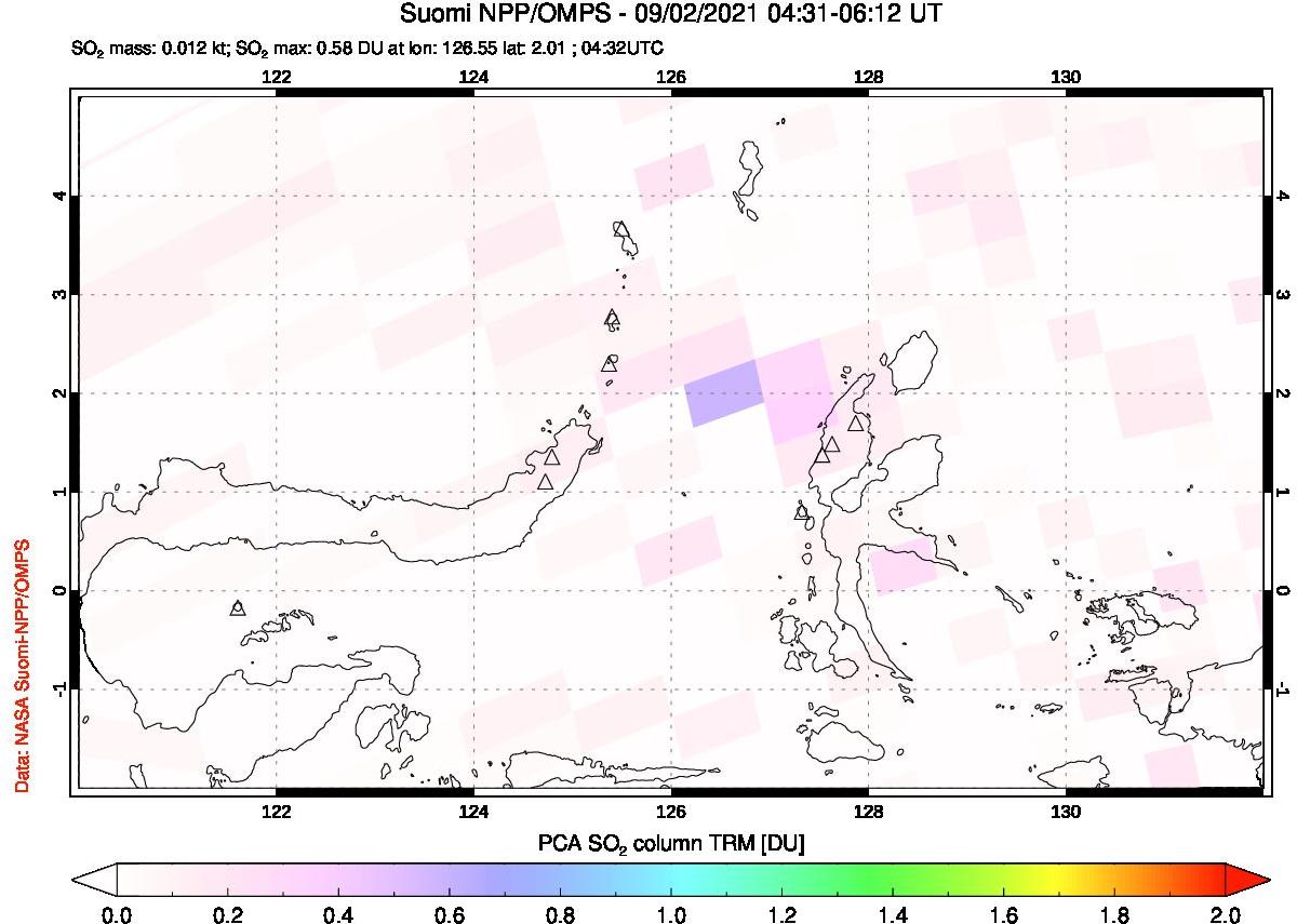 A sulfur dioxide image over Northern Sulawesi & Halmahera, Indonesia on Sep 02, 2021.