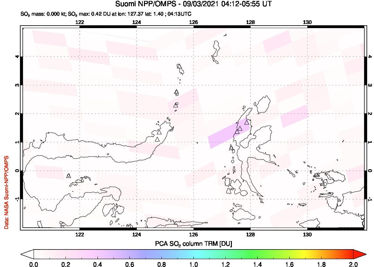 A sulfur dioxide image over Northern Sulawesi & Halmahera, Indonesia on Sep 03, 2021.