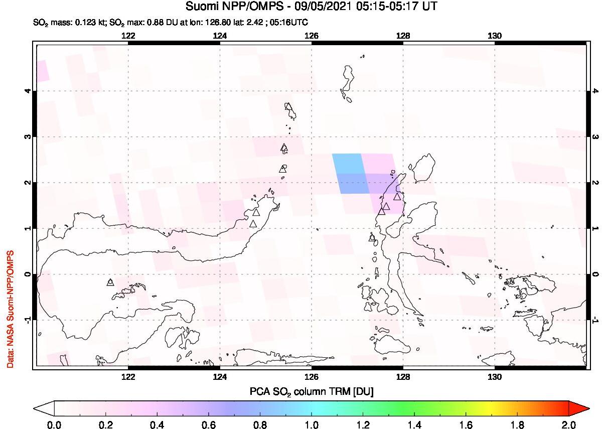 A sulfur dioxide image over Northern Sulawesi & Halmahera, Indonesia on Sep 05, 2021.