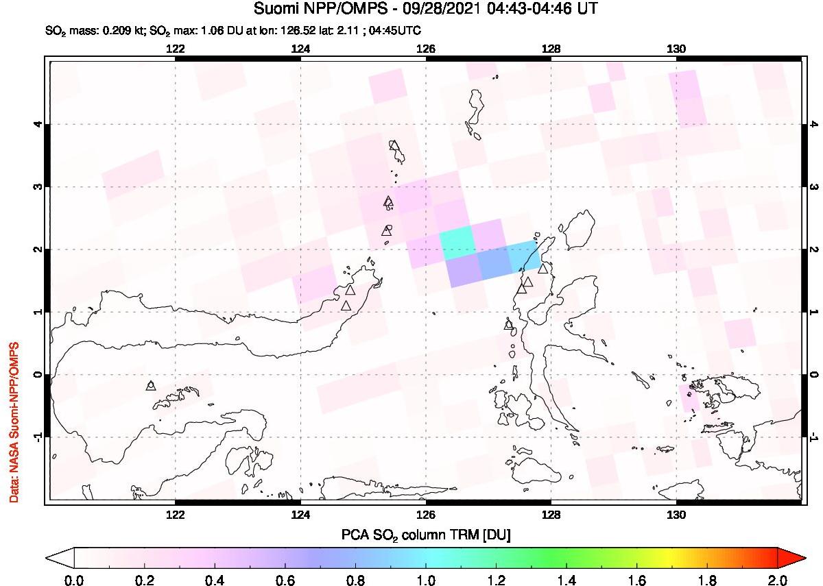 A sulfur dioxide image over Northern Sulawesi & Halmahera, Indonesia on Sep 28, 2021.