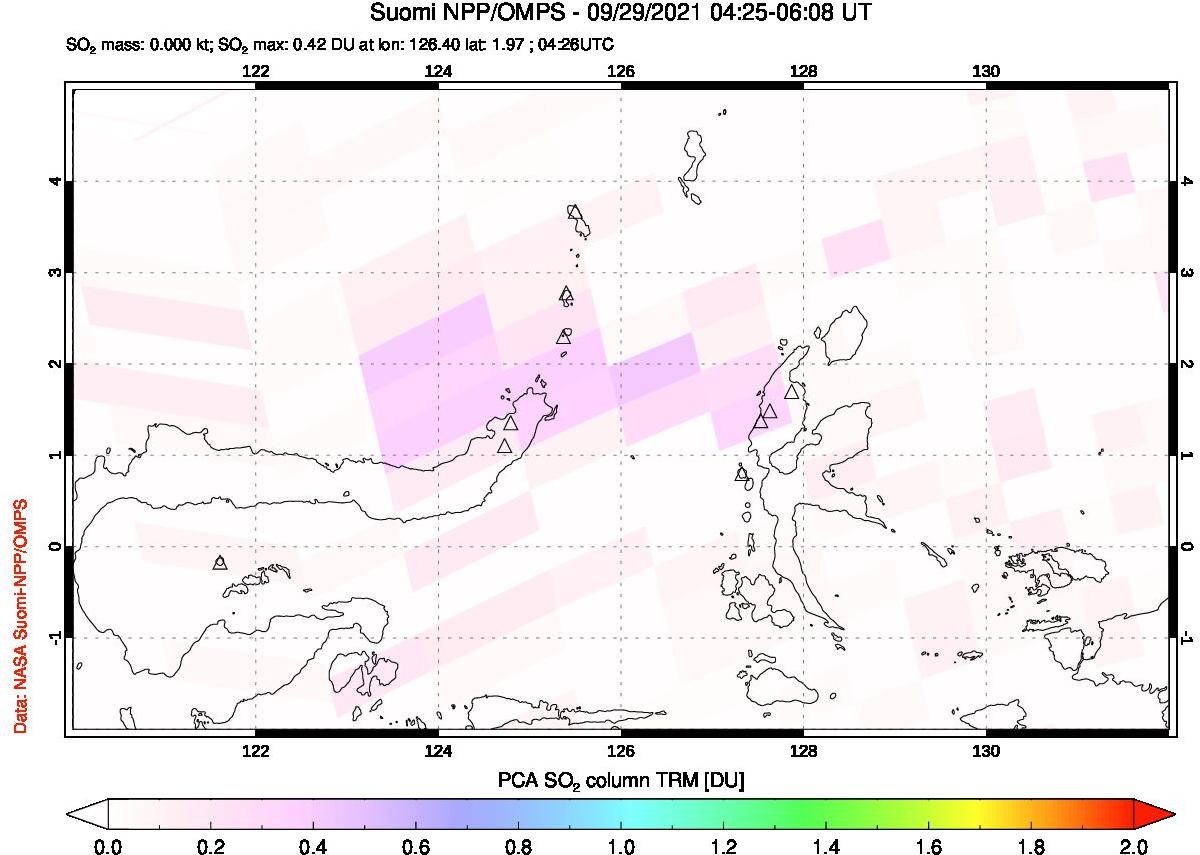 A sulfur dioxide image over Northern Sulawesi & Halmahera, Indonesia on Sep 29, 2021.