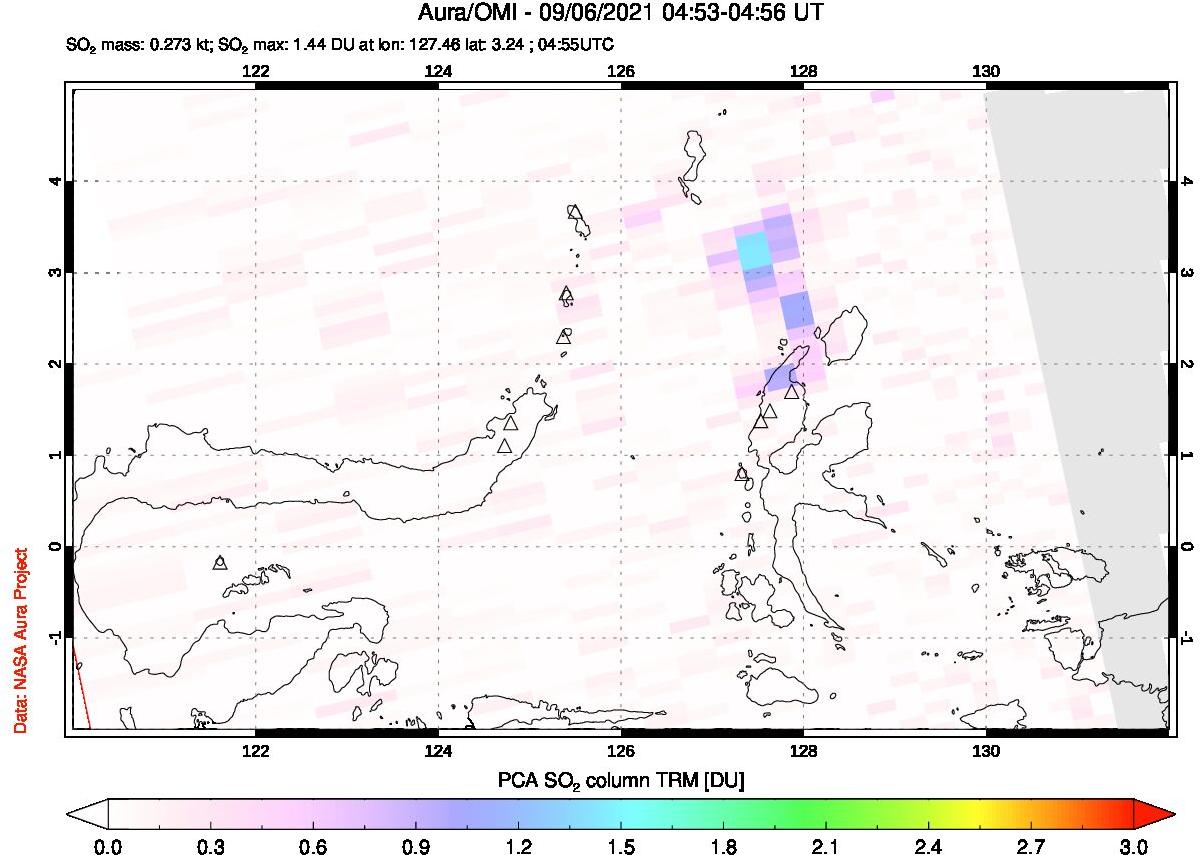 A sulfur dioxide image over Northern Sulawesi & Halmahera, Indonesia on Sep 06, 2021.
