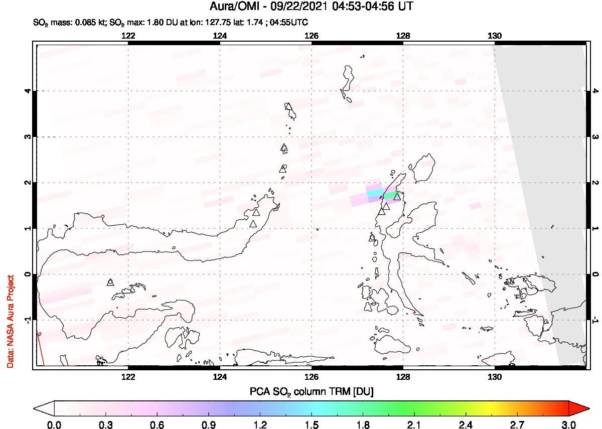 A sulfur dioxide image over Northern Sulawesi & Halmahera, Indonesia on Sep 22, 2021.