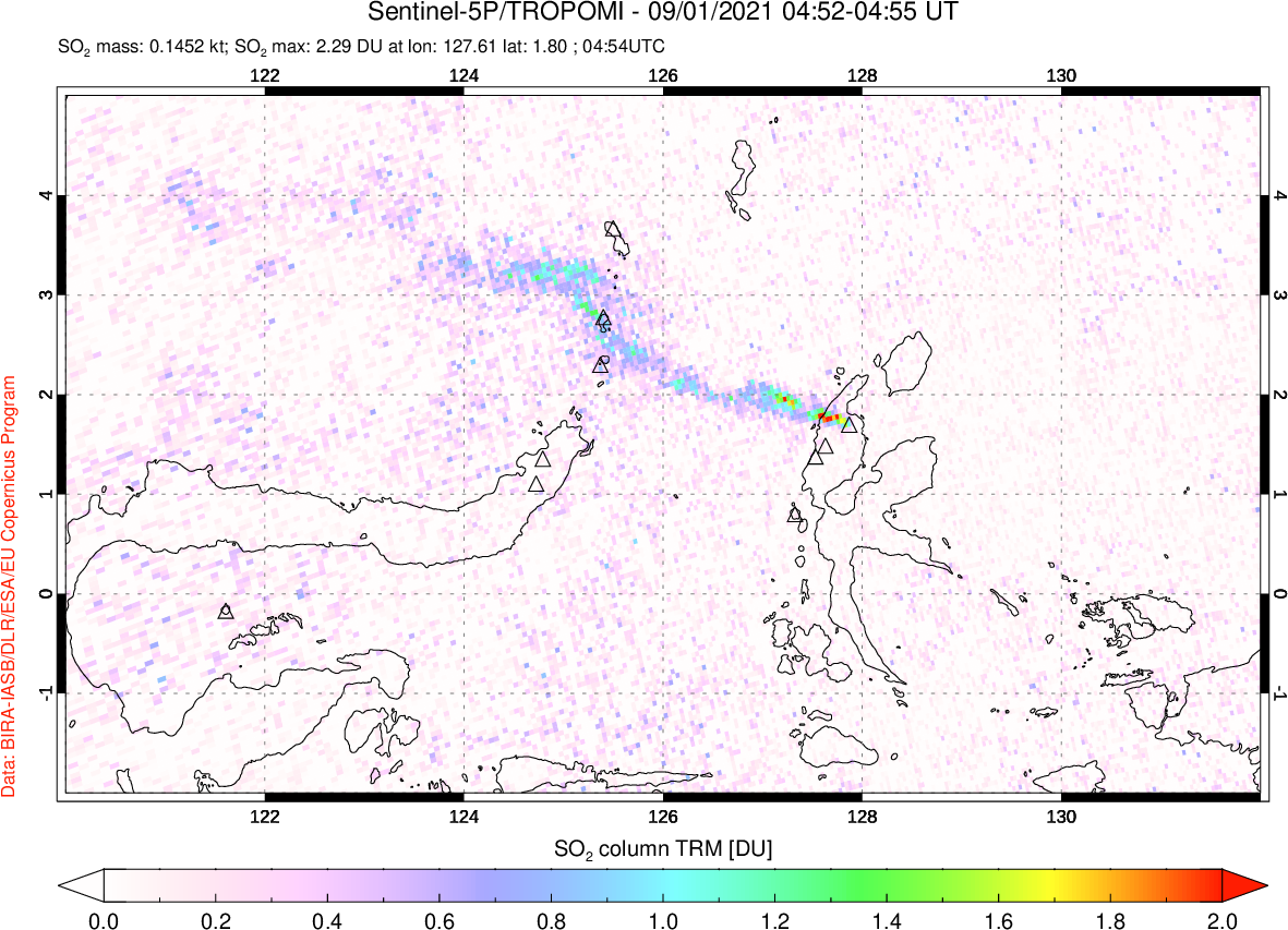 A sulfur dioxide image over Northern Sulawesi & Halmahera, Indonesia on Sep 01, 2021.