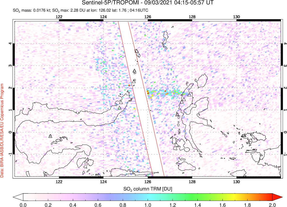 A sulfur dioxide image over Northern Sulawesi & Halmahera, Indonesia on Sep 03, 2021.