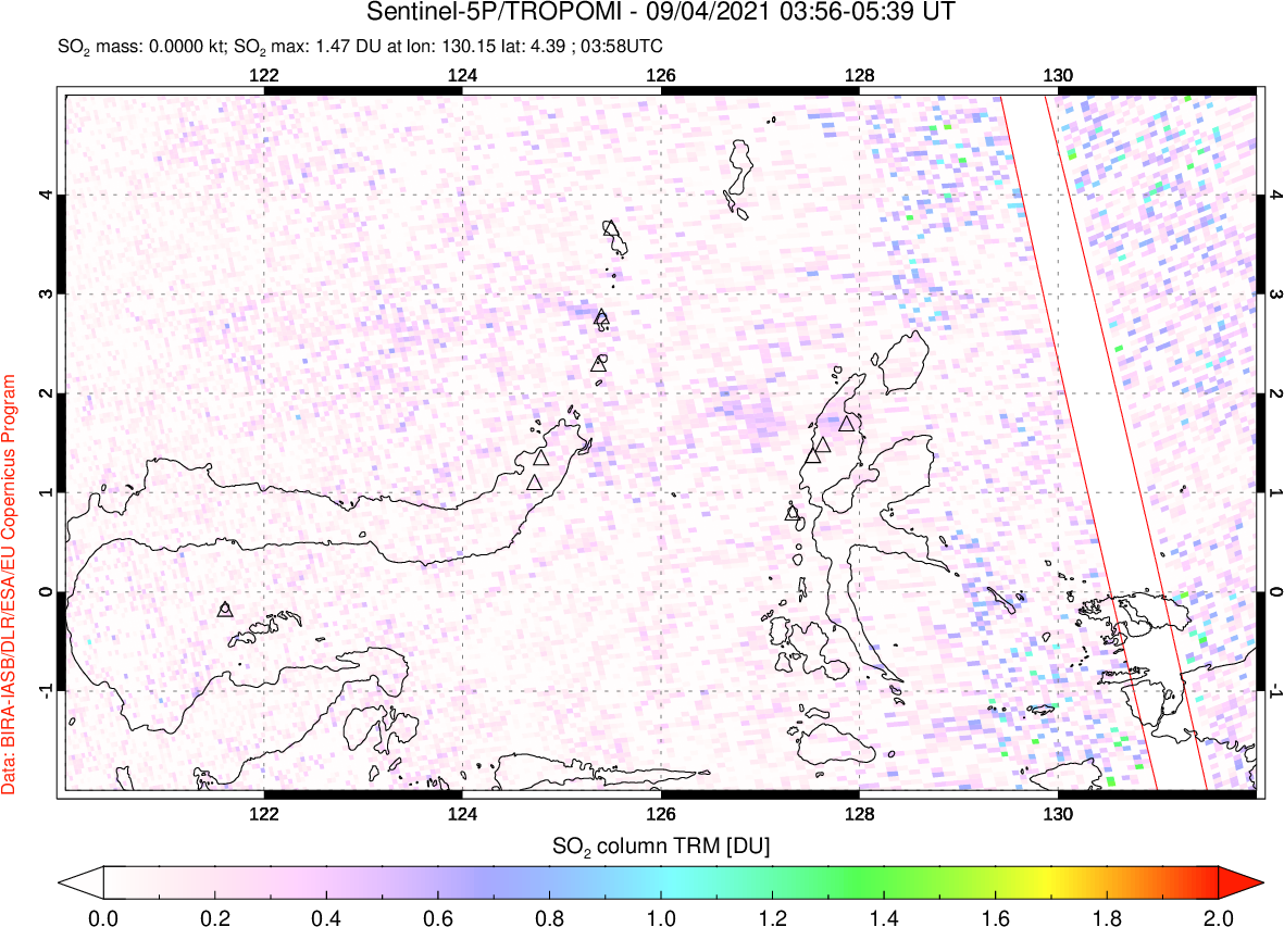 A sulfur dioxide image over Northern Sulawesi & Halmahera, Indonesia on Sep 04, 2021.
